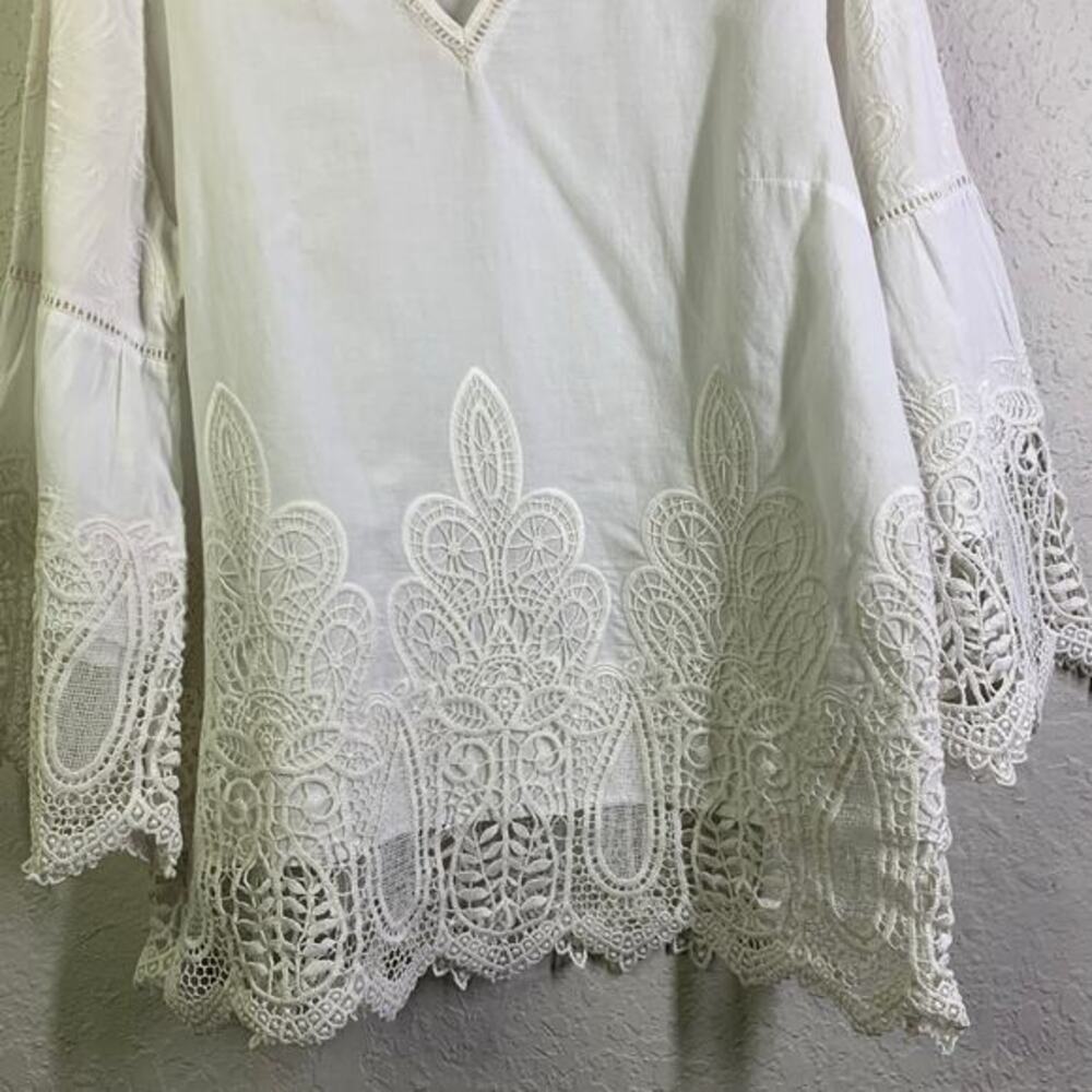 CHICO'S Blouse Embroidered‎ Lace Cutout V-Neck Quarter Sleeve Boho Cottagecore - Picture 8 of 14